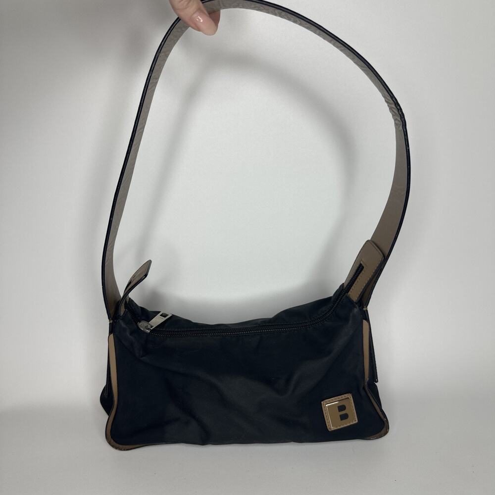 Bally Vintage Black Beige Nylon Leather Baguette Shoulder Bag Purse Made Italy - Picture 3 of 16